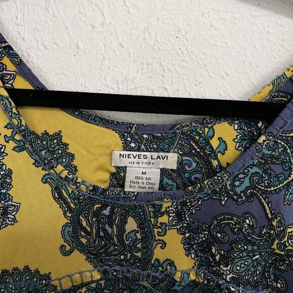 Nieves Lavi Vintage New York Yellow Blue 100% Silk Paisley Top Blouse Size M - Picture 5 of 11